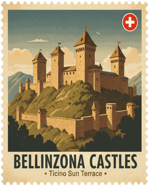 Bellinzona Castles vintage travel stamp