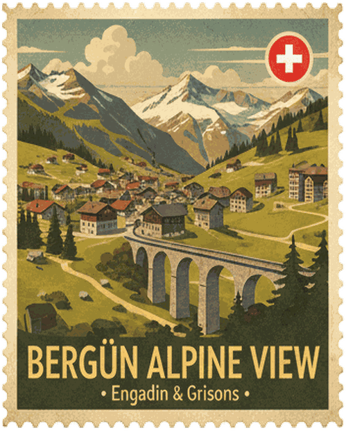 Bergün Alpine View vintage travel stamp