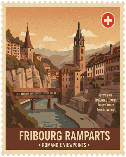 Fribourg Ramparts vintage travel stamp