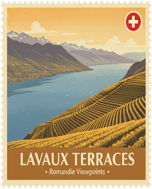 Lavaux Terraces vintage travel stamp