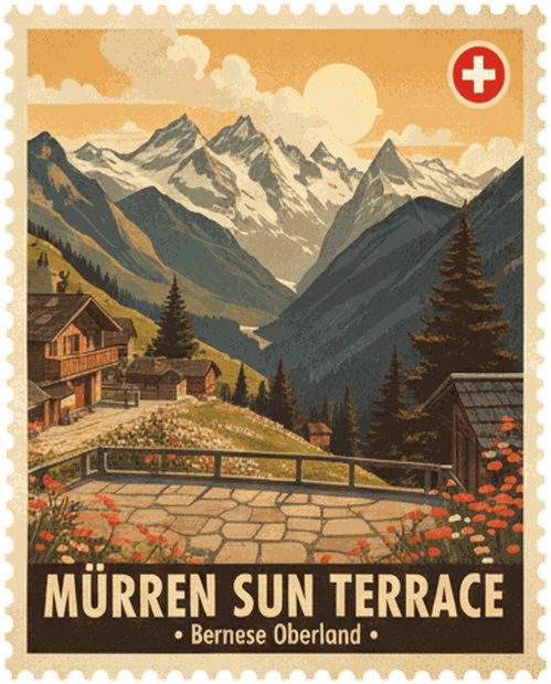 Mürren Sun Terrace vintage travel stamp