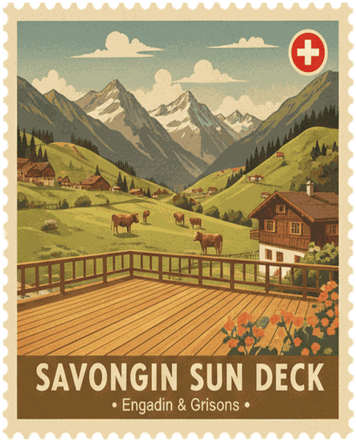 Savognin Sun Deck vintage travel stamp