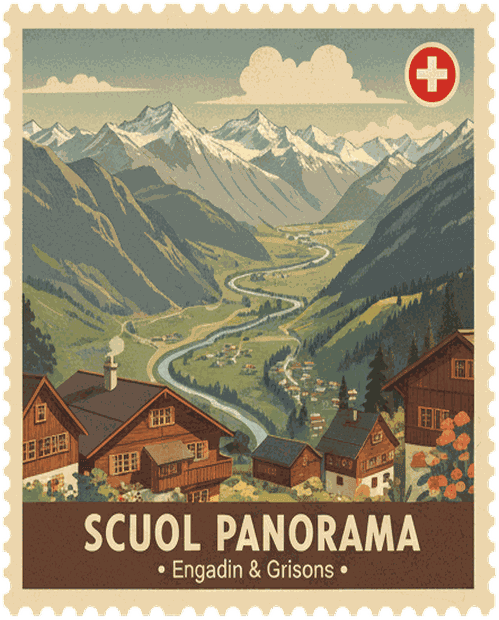 Scuol Panorama vintage travel stamp