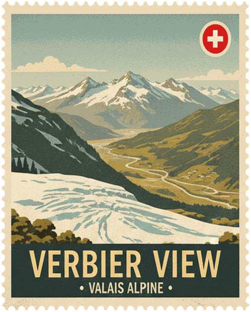 Verbier View vintage travel stamp