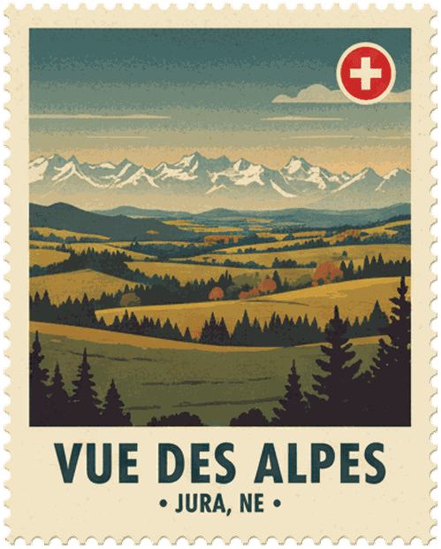 Vue des Alpes vintage travel stamp